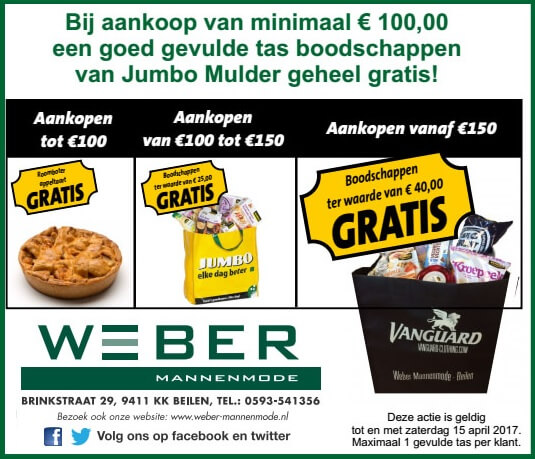 Goed gevulde boodschappentas van Jumbo Mulder bij Weber Mannenmode